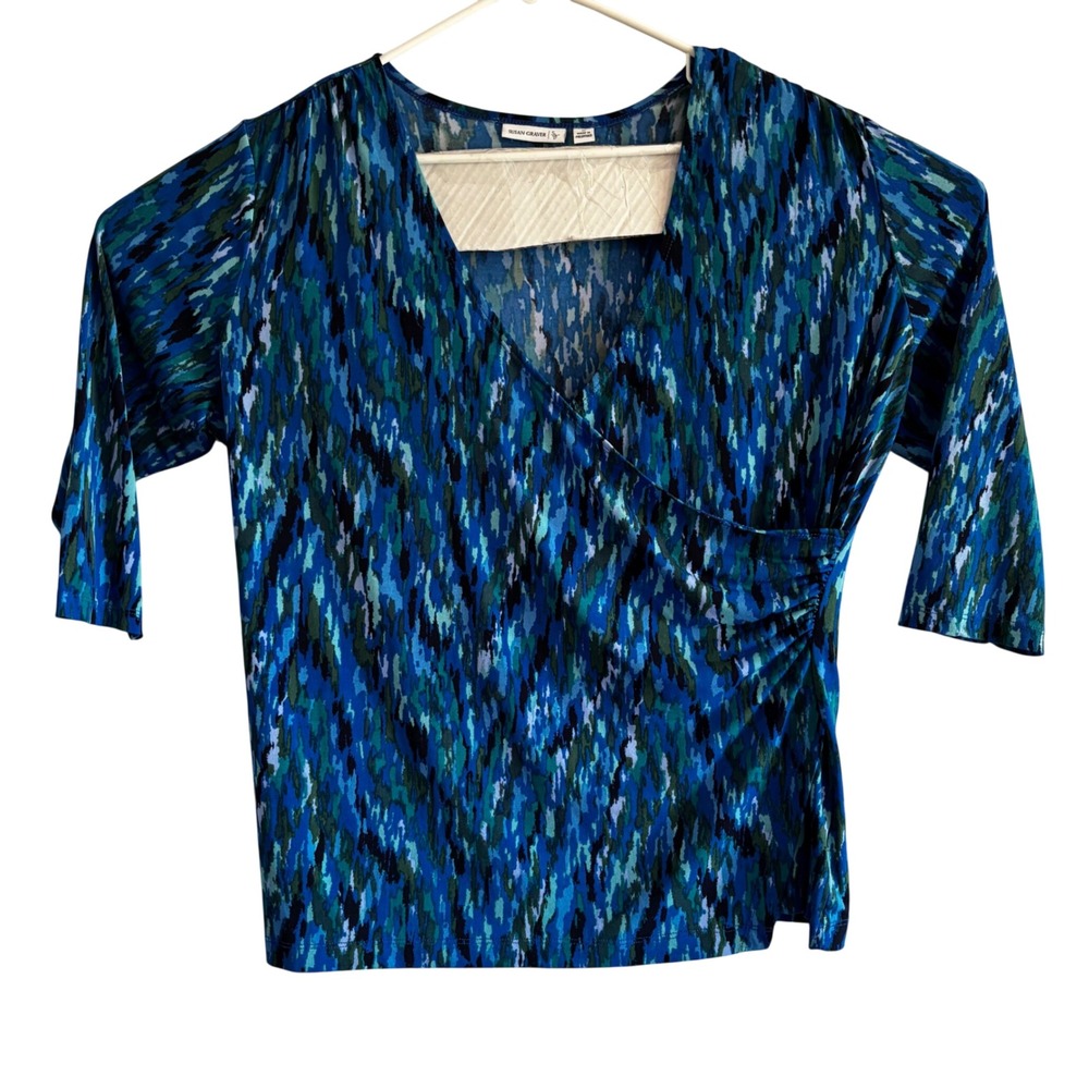 Susan Graver Liquid Knit Faux Wrap Top Blue Green Abstract Print 3/4 Sleeve 1X